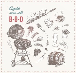 Barbecue meat, sausages and beer hand drawn vector