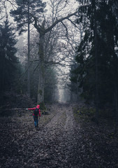 Young girl in red jacket walking the mysterious path in the dark forest, covered with old leaves. Cold, misty autumn afternoon. Back view.