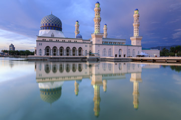 Majestic Beautiful reflection of Floating Mosque during sunset at Kota Kinabalu, Sabah, Malaysia A...