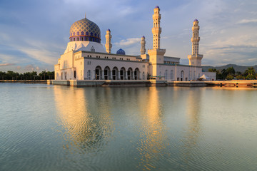 Majestic Beautiful reflection of Floating Mosque during sunset at Kota Kinabalu, Sabah, Malaysia A...