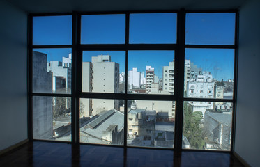 window and wooden floor, view from sixth floor