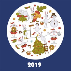 2019 New year celebration approaches, winter characters and symbols vector.