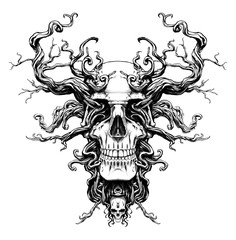 Magic skull entangled with roots