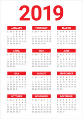 Year 2019 calendar vector design template