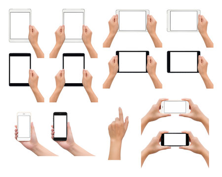Set of one and two human hand in holding, using or taking photo gesture with smartphone and tablet in black and white colors isolate on white background,  Low contrast for retouch or graphic design