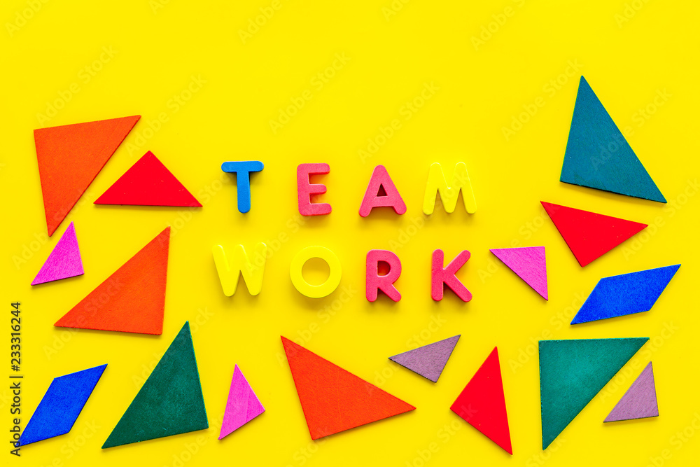 Poster teamwork concept. teamwork techniques for students. text teamwork lined with colored letters in abst