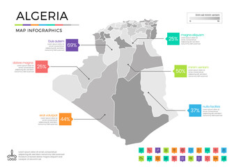Obraz premium Algeria map infographics with editable separated layers, zones, elements and district area in vector