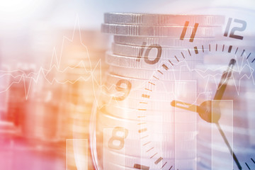 Double exposure of clock and rows of coins with copy space for finance and business concept