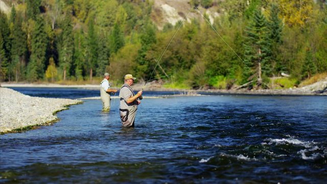 Fisherman fly fishing in Canadian river casting using rod and reel 