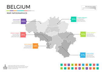Belgium map infographics with editable separated layers, zones, elements and district area in vector