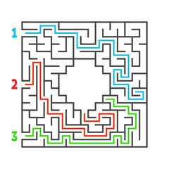 Abstract square maze. Game for kids. Puzzle for children. Three entrance, one exit. Labyrinth conundrum. Flat vector illustration isolated on white background. With answer. With place for your image.