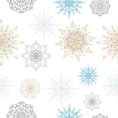 Snowflakes seamless pattern, ornamental decorative snowflakes. Soft vintage, boho colours. 