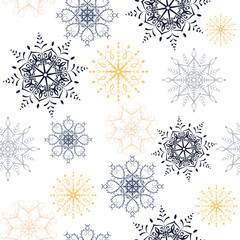 Snowflakes seamless pattern, ornamental decorative snowflakes. Soft vintage, boho colours. 