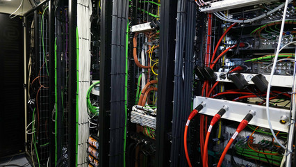 The back side of the server. Data center.