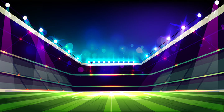 Empty soccer field illuminated with projectors lights cartoon vector illustration. Open roof stadium or sport arena with three floors fan sectors ready for competition. Football championship concept