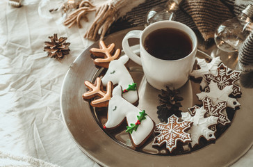 Obraz na płótnie Canvas cup with tea or coffee, fir branch, cookies in the shape of snowflakes, cozy knitted blanket, cotton and cozy garland, New Year