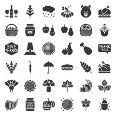Thanksgiving and autumn related icon set, glyph or solid design on white background