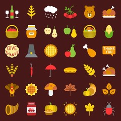 Thanksgiving and autumn related icon set, flat design on grid system
