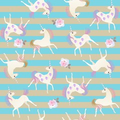 Seamless striped pattern with cute cartoon unicorns, rose and bell flowers in vector.