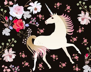 Obraz na płótnie Canvas Seamless pattern with fairy unicorn and beautiful garden flowers isolated on black background in vector. Print for fabric, wallpaper, greeting or invitation card.