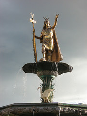 Statue of Pachacuti on the fountain in Plaza de Armas in Cusco, Peru