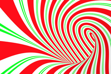 Christmas festive red and green spiral tunnel. Striped twisted xmas optical illusion. Hypnotic background. 3D render illustration.