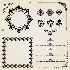 Vintage set of horizontal, square and round elements. Different elements for decoration design, frames, cards, menus, backgrounds and monograms. Classic patterns. Set of vintage patterns