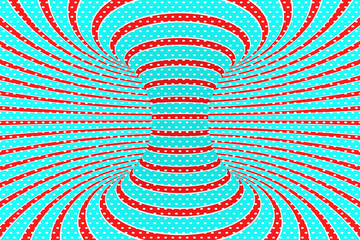 Christmas festive red and blue spiral tunnel. Striped twisted xmas optical illusion. Hypnotic background. 3D render illustration.