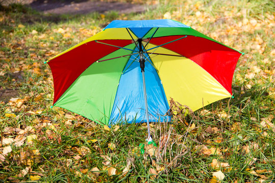 A multi-colored children's umbrella in red, green, yellow, blue is standing on the ground with fallen leaves, in the background are trees and a pond. The concept of autumn, rainy autumn day, walk