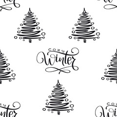 Winter holidays seamless background with Christmas tree and handwritten phrase Cozy Winter.