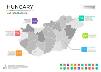 Obraz premium Hungary map infographics with editable separated layers, zones, elements and district area in vector
