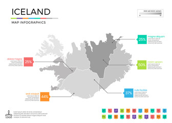 Iceland map infographics with editable separated layers, zones, elements and district area in vector