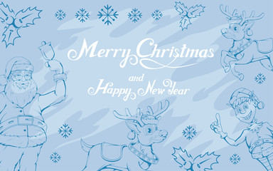 Merry Christmas and Happy New Year hand lettering. New Year vector design for greeting card. New Year's holiday. Lettering with winter landscape. Greeting card with lettering. Winter celebration.