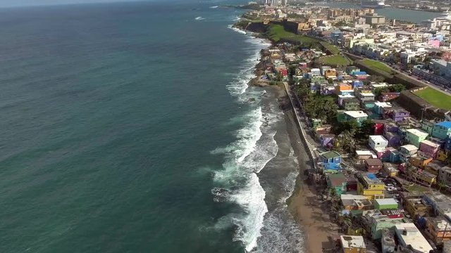 Beautiful Aerial shot over La Perla and ocean in Old San Juan, Puerto Rico