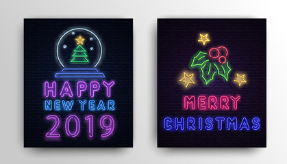 Christmas and New Year 2019 neon luminous cards on brick textured background.