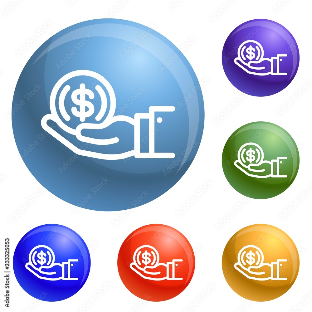 Poster coin in hand icons set vector 6 color isolated on white background