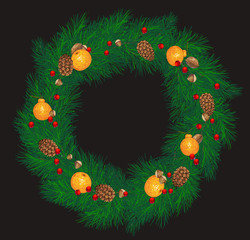 Christmas wreath with cones, tangerines