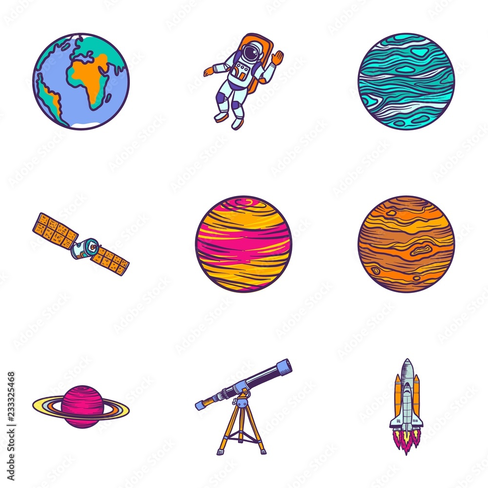 Poster space astronomy icon set. hand drawn set of 9 space astronomy vector icons for web design isolated o