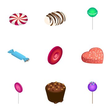 Sweet candy icon set. Isometric set of 9 sweet candy vector icons for web design isolated on white background