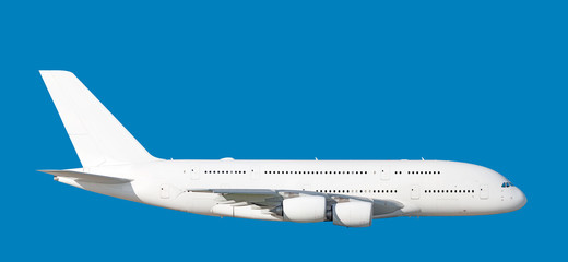 Large heavy modern wide body passenger jet engine airplane flying side panoramic detailed gear up...