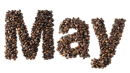 Coffee bean sort alphabetically. The word is May. Which is the month name. For the calendar or postcard New Year. isolated on white background and clipping path.