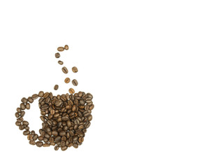 Coffee beans is shape a cup with copy space on white background