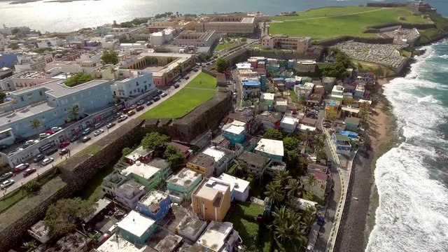 Aerial shot from La Perla towards El Morro in Old San Juan, Puerto Rico