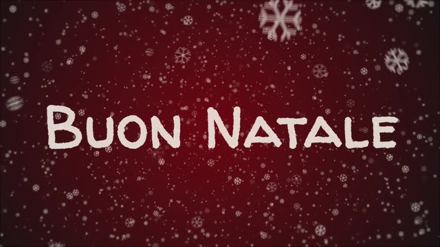 Animation Buon Natale - Merry Christmas in italian, falling snow, red background, white letters