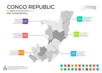 Congo republic map infographics with editable separated layers, zones, elements and district area in vector