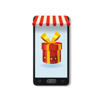 Mobile Online Store concept. Smartphone, Holiday red gift box. Vector illustration business design. Electronic online shop market. Digital marketing. Poster, baner, template