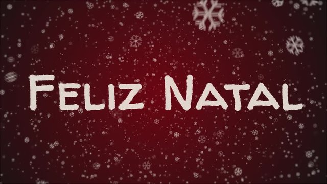 Animation Feliz Natal - Merry Christmas in portuguese, falling snow, red background, white letters
