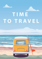 Travel, trip vector illustration. Ocean, sea, seascape. Surfing van, bus on beach. Summer holidays. Ocean background on road trip, retro, vintage. Tourism concept, cartoon style, isolated - obrazy, fototapety, plakaty