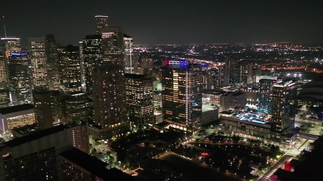 Aerial of Houston Texas and City Lights at Night, 2018