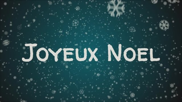 Animation Joyeux Noel - Merry Christmas in french, falling snow, blue background, white letters